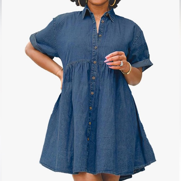 Dresses & Skirts - Denim Button-Front Short Sleeve Dress - Blue